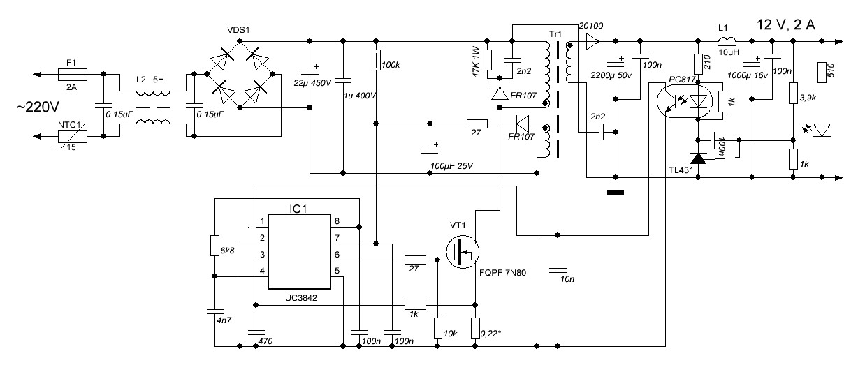 Типичная схема включения микросхемы UC3842