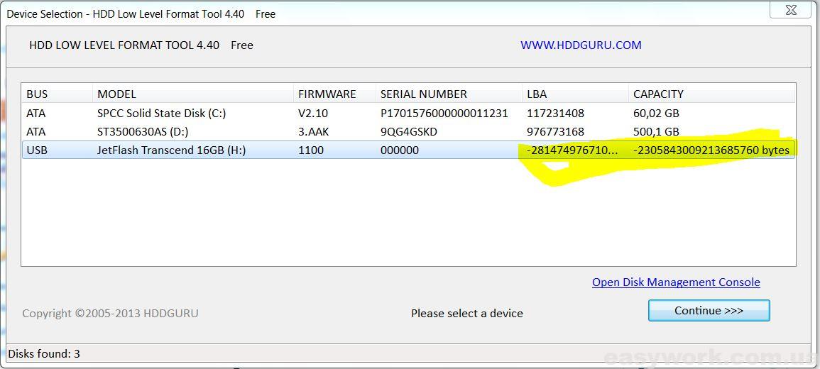 Объем флешки в программе HDD Low Level Format Tool