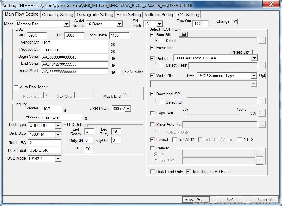 Настройки программы SMI Mass Production Tool V2.5.41