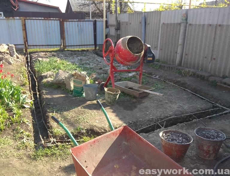 Заливка бетона при помощи бетономешалки