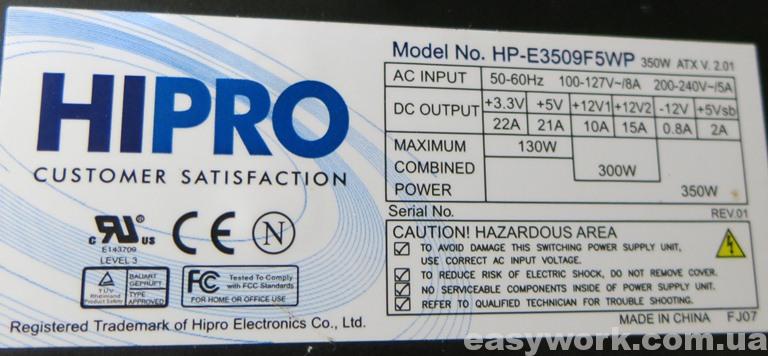 Маркировка БП HIPRO HP-E3509F5WP