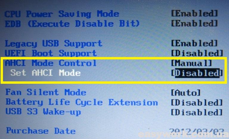 Опция "AHCI Mode Control" в меню БИОСа