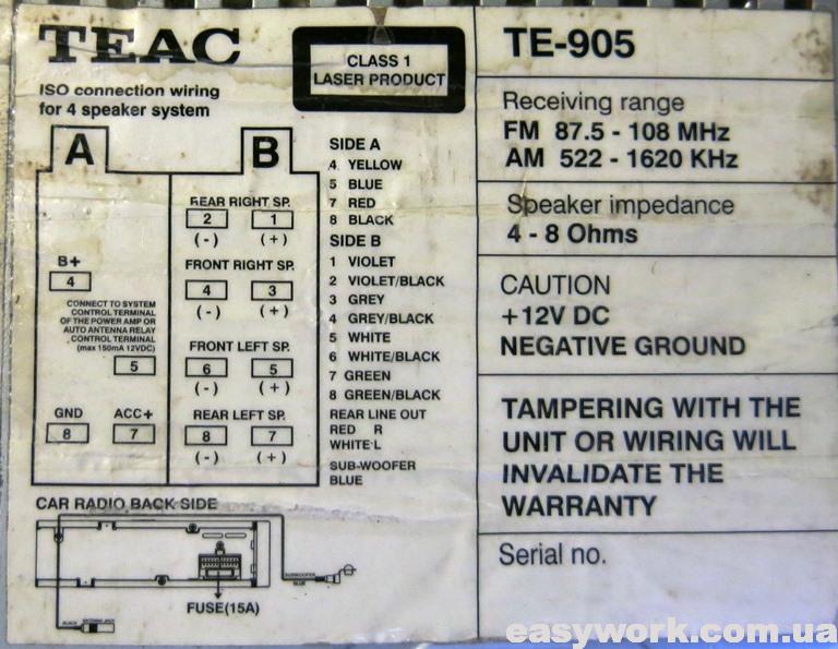 Распиновка подключения магнитолы TEAC TE-905