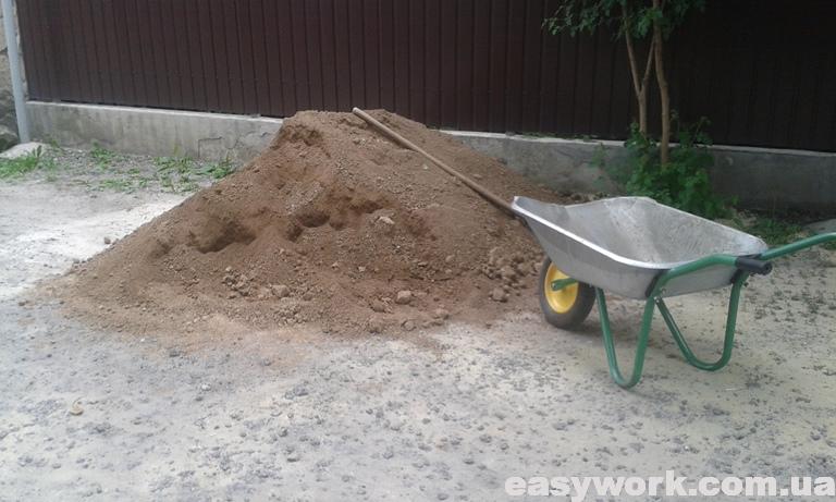 Перевозка глины при помощи тачки